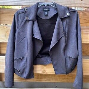 Grey suede biker jacket short light spring side zipper‎